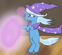 Size: 1900x1700 | Tagged: safe, artist:the crystal artist, derpibooru import, part of a set, trixie, pony, unicorn, series:the grand equestria talent show, bipedal, cape, clothes, context in description, dancing, derpibooru exclusive, dialogue in the description, female, glow, glowing horn, grin, hat, horn, image, magic, mare, part of a series, png, smiling, solo, stage, talent show, trixie's cape, trixie's hat, wind, windswept mane