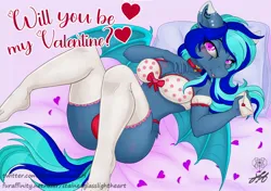 Size: 2048x1440 | Tagged: suggestive, alternate version, artist:stainedglasslighthea, derpibooru import, oc, oc:moonlight selene, unofficial characters only, anthro, bat pony, plantigrade anthro, bat pony oc, bat wings, bed, bedroom eyes, bow, bra, breasts, cameltoe, choker, cleavage, clothes, envelope, female, flower petals, hearts and hooves day, high heels, image, jpeg, laying on bed, looking at you, lying down, on back, on bed, panties, pillow, raised leg, shoes, socks, solo, solo female, thigh highs, underwear, wings