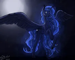 Size: 5000x4000 | Tagged: safe, artist:stardustspix, derpibooru import, princess luna, alicorn, pony, absurd resolution, blurry background, colored eyebrows, colored eyelashes, constellation, ethereal mane, ethereal tail, glow, glowing mane, horn, image, png, solo, spread wings, starry mane, sternocleidomastoid, tail, wings