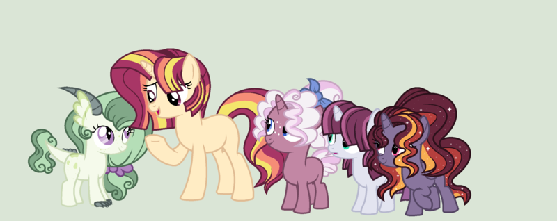 Size: 2736x1088 | Tagged: safe, artist:roseloverofpastels, derpibooru import, oc, oc:emmy, oc:evening blaze, oc:pink lady, oc:shining stone, oc:starry night, dracony, hybrid, pony, unicorn, base used, ethereal mane, female, filly, foal, freckles, green background, horn, image, interspecies offspring, magical lesbian spawn, mare, offspring, parent:big macintosh, parent:princess luna, parent:rarity, parent:sci-twi, parent:spike, parent:sunset shimmer, parent:sweetie belle, parent:twilight sparkle, parents:mauxie, parents:rarimac, parents:scitwishimmer, parents:spikebelle, parents:twiluna, png, simple background, starry mane, unicorn oc