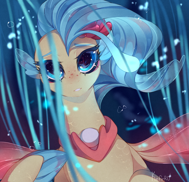 Size: 4300x4151 | Tagged: safe, artist:kefirro7, derpibooru import, princess skystar, seapony (g4), my little pony: the movie, absurd resolution, blue eyes, blue mane, bubble, bust, digital art, eyelashes, female, fin wings, fins, floppy ears, flower, flower in hair, flowing mane, freckles, image, jewelry, looking at you, necklace, ocean, pearl necklace, png, seaquestria, signature, smiling, smiling at you, solo, spread wings, swimming, underwater, water, wings