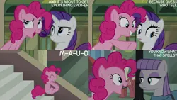 Size: 4400x2475 | Tagged: safe, derpibooru import, edit, edited screencap, editor:quoterific, screencap, maud pie, pinkie pie, rarity, the gift of the maud pie, image, png