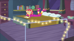 Size: 600x338 | Tagged: safe, derpibooru import, sunset shimmer, equestria girls, equestria girls series, forgotten friendship, animated, barefoot, bed, book, cute, feet, female, females only, gif, image, legs, moving, pijamas, sunset, the pose, writing