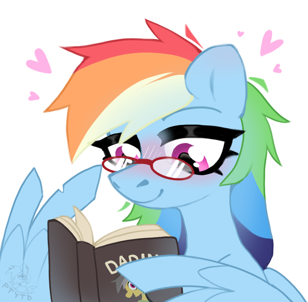 Size: 941x924 | Tagged: safe, artist:rtootb, derpibooru import, rainbow dash, pegasus, pony, :3, blushing, book, bust, colored wings, cute, daring do book, digital art, ear blush, ears up, exploitable meme, feather, female, g4, glasses, glasses rainbow, heart, icon, image, looking down, mare, meme, multicolored wings, no shading, pink eyes, png, portrait, rainbow wings, reading, reading glasses, reading rainbow, simple background, sketch, smiling, solo, white background, wings