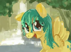 Size: 2691x1993 | Tagged: safe, artist:mandumustbasukanemen, derpibooru import, sunshower raindrops, pegasus, pony, dripping, female, image, jpeg, looking at you, mare, open mouth, painterly, rain, smiling, smiling at you, solo, water, wet, wet mane