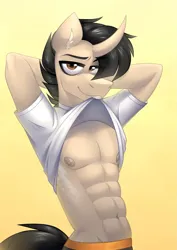Size: 1525x2160 | Tagged: suggestive, artist:rtootb, derpibooru import, oc, unofficial characters only, anthro, pony, unicorn, abs, anthro oc, arm behind head, black mane, brown eyes, clothes, commission, digital art, ear fluff, eyebrow wiggle, flirting, hair over one eye, horn, image, looking at you, male, male focus, male nipples, moobs, nipples, nudity, partial nudity, png, presenting, shirt, simple background, solo, solo focus, solo male, stallion, t-shirt, teeth, torso, unicorn oc