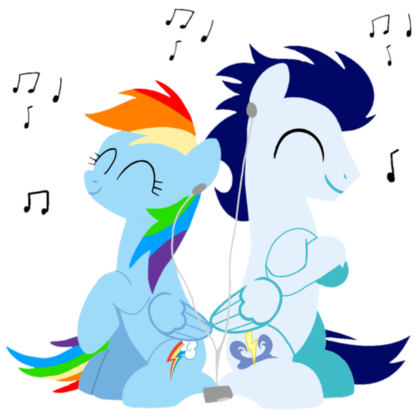 Size: 1099x1099 | Tagged: safe, artist:mlplary6, derpibooru import, rainbow dash, soarin', pegasus, pony, eyes closed, female, image, male, mare, mp3 player, music notes, png, shipping, simple background, sitting, smiling, soarindash, stallion, straight, transparent background, vector