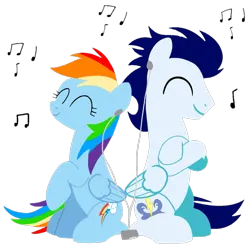 Size: 1099x1099 | Tagged: safe, artist:mlplary6, derpibooru import, rainbow dash, soarin', pegasus, pony, eyes closed, female, image, male, mare, mp3 player, music notes, png, shipping, simple background, sitting, smiling, soarindash, stallion, straight, transparent background, vector