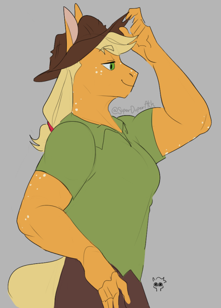 Size: 566x790 | Tagged: safe, artist:superduperath, derpibooru import, applejack, anthro, earth pony, eyebrows, eyebrows visible through hair, female, image, lidded eyes, muscles, muscular female, png, smiling, solo