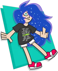 Size: 6738x8327 | Tagged: safe, artist:threetwotwo32232, derpibooru import, princess luna, human, gamer luna, clothes, female, humanized, image, looking at you, middle finger, png, shirt, shoes, shorts, simple background, sneakers, solo, t-shirt, transparent background, vulgar