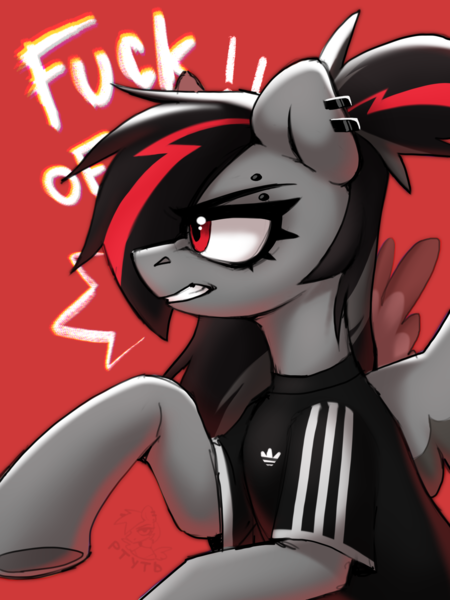 Size: 1620x2160 | Tagged: safe, artist:rtootb, derpibooru import, oc, oc:era, unofficial characters only, pegasus, pony, adidas, angry, clothes, digital art, ear piercing, ears up, eyebrow piercing, female, gray fur, gritted teeth, hooves, image, looking at someone, mare, pegasus oc, piercing, png, ponytail, red background, red eyes, rude, shirt, simple background, sketch, solo, t-shirt, teeth, text, vulgar, wings