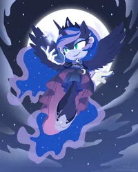 Size: 799x1000 | Tagged: safe, artist:kanayanga, derpibooru import, princess luna, alicorn, anthro, ear piercing, earring, flying, image, jewelry, jpeg, moon, night, piercing, sonic the hedgehog (series), sonicified, spread wings, wings