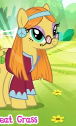 Size: 424x696 | Tagged: safe, derpibooru import, idw, wheat grass, earth pony, pony, clothes, cropped, ear piercing, earring, english, female, gameloft, glasses, headband, idw showified, image, implied marijuana, jewelry, mare, meme, mobile game, my little pony: magic princess, piercing, png, solo, text, wow! glimmer