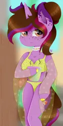 Size: 800x1600 | Tagged: safe, derpibooru import, anthro, unicorn, bikini, brown eyes, clothes, collar, cutie mark, freckles, image, png, stain, swimsuit, tail