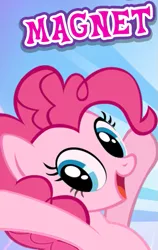 Size: 373x590 | Tagged: safe, derpibooru import, pinkie pie, earth pony, pony, cropped, cute, diapinkes, english, female, gameloft, image, looking at you, magnet, mare, meme, open mouth, open smile, png, smiling, solo, text, wow! glimmer