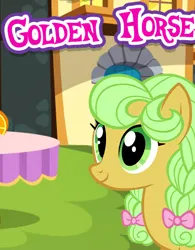 Size: 375x480 | Tagged: safe, derpibooru import, goldie delicious, earth pony, pony, bow, braid, cropped, english, female, gameloft, hair bow, image, mare, meme, my little pony: magic princess, png, solo, text, wow! glimmer, young goldie delicious, younger