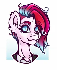 Size: 1310x1638 | Tagged: safe, artist:elusivepurple, derpibooru import, oc, oc:litchi, unofficial characters only, anthro, bat pony, bust, clothes, eye clipping through hair, eyebrows, eyebrows visible through hair, fangs, image, jpeg, looking at you, smiling, solo, suit