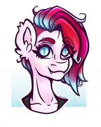 Size: 1638x2048 | Tagged: safe, alternate version, artist:elusivepurple, derpibooru import, oc, oc:litchi, unofficial characters only, anthro, bat pony, bust, eye clipping through hair, eyebrows, eyebrows visible through hair, fangs, image, jpeg, looking at you, smiling, solo