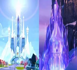 Size: 519x470 | Tagged: safe, derpibooru import, castle, comparison, cropped, crystal castle, crystal empire, disney, frozen (movie), ice, image, jpeg, no pony, palace, side by side