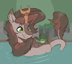 Size: 2552x2280 | Tagged: safe, artist:witchtaunter, derpibooru import, oc, oc:polder everglade, frog, kirin, toad, beard, chest fluff, cute, ear fluff, facial hair, image, kirin oc, male, png, ripple, smiling, solo, swamp, swimming, water