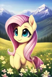 Size: 512x768 | Tagged: safe, derpibooru import, machine learning generated, novelai, stable diffusion, fluttershy, pegasus, ai content, alps, blue sky, female, flower, forest, grass, grass field, happy, image, mountain, nai diffusion furry beta v1.3, png, prompter:emilia starsong, solo, tree