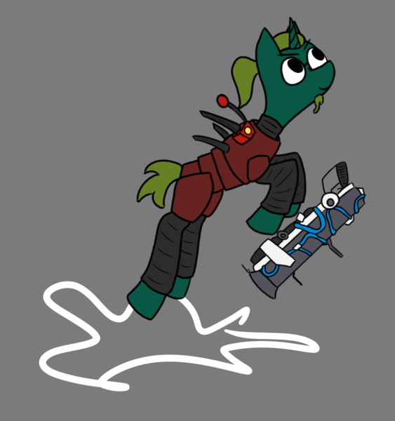 Size: 2025x2160 | Tagged: safe, artist:mrbrain, derpibooru import, oc, unofficial characters only, pony, unicorn, armor, armored pony, crossover, deep rock galactic, engineer, gray background, green coat, green mane, green tail, grenade launcher, image, jumping, png, simple background, tail, weapon