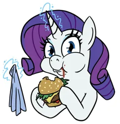Size: 508x523 | Tagged: safe, artist:jargon scott, derpibooru import, rarity, pony, unicorn, burger, cheeseburger, eating, female, food, glow, glowing horn, hamburger, hoof hold, horn, image, ketchup vein, levitation, looking at you, magic, mare, meat, napkin, png, ponies eating meat, puffy cheeks, simple background, solo, telekinesis, vein bulge, white background