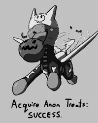 Size: 262x329 | Tagged: safe, artist:keeponhatin, oc, unofficial characters only, original species, plane pony, pony, predator drone, bucket, candy, clothes, costume, flying, food, grayscale, halloween, halloween costume, holiday, image, monochrome, mouth hold, plane, png, pumpkin bucket, solo, text