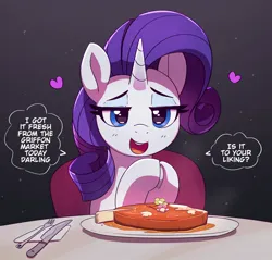 Size: 1200x1146 | Tagged: safe, artist:pabbley, derpibooru import, rarity, pony, unicorn, cute, date, dialogue, female, food, fork, heart, image, jpeg, knife, looking at you, meat, offscreen character, open mouth, open smile, plate, pov, smiling, smiling at you, solo, speech bubble, steak, text