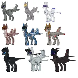 Size: 1500x1500 | Tagged: safe, artist:andromailus, oc, oc:agate, oc:gauss, oc:rosewell, oc:sightseer, oc:spirit of ice, oc:val, oc:wyvern, unnamed oc, unofficial characters only, original species, plane pony, pony, e-3 sentry, f-22 raptor, f-8 crusader, female, image, kc-135, male, plane, png, simple background, sr-71 blackbird, su-37, u-2, white background, xb-70 valkyrie