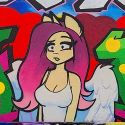 Size: 967x967 | Tagged: safe, artist:katputze, derpibooru import, oc, oc:crimson sunset, unofficial characters only, anthro, pony, unicorn, angelic wings, breasts, busty oc, cleavage, female, graffiti, image, jpeg, mare, solo, traditional art, wings
