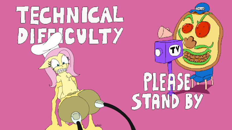 Size: 1495x839 | Tagged: questionable, artist:wapamario63, derpibooru import, fluttershy, pegasus, pony, big crotchboobs, bondage, breast milk, camera, cheese, chef's hat, chest fluff, crossover, crotchboobs, ears, female, floppy ears, food, hat, huge crotchboobs, image, impossibly large crotchboobs, lactation, mare, milk, milking, milking machine, nudity, pizza face, pizza tower, png, text