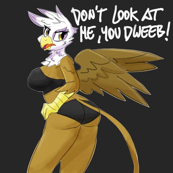 Size: 2300x2300 | Tagged: suggestive, artist:flutterthrash, derpibooru import, gilda, anthro, gryphon, ass, boobs and butt pose, bra, breasts, busty gilda, butt, clothes, don't stare, female, gildonk, hand on hip, image, jpeg, looking at you, looking back, looking back at you, panties, solo, solo female, spread wings, stop staring at me, talking to viewer, underwear, wings