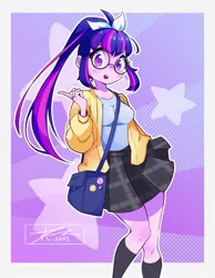Size: 1593x2048 | Tagged: safe, artist:mindlessnik, derpibooru import, sci-twi, twilight sparkle, human, equestria girls, abstract background, adorasexy, alternate hairstyle, breasts, busty twilight sparkle, clothes, cute, female, glasses, image, jpeg, looking at you, meganekko, open mouth, plaid skirt, ponytail, round glasses, sexy, signature, skirt, solo