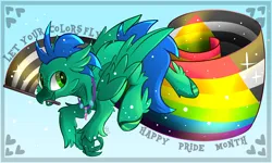 Size: 2500x1500 | Tagged: safe, artist:starcasteclipse, derpibooru import, oc, unofficial characters only, hippogriff, beak, beak hold, commission, flag, image, jewelry, looking back, necklace, png, pride flag, solo, talons, text, wings, ych result