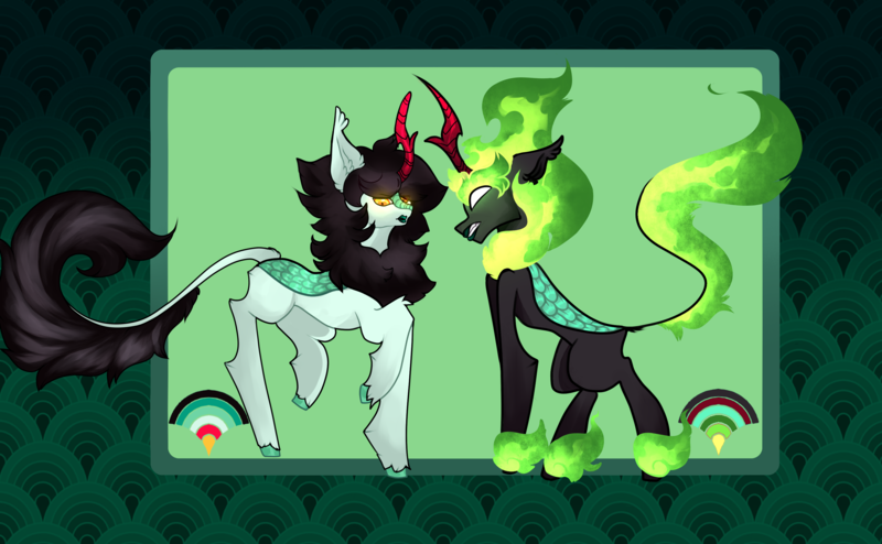 Size: 3181x1964 | Tagged: safe, artist:minty--fresh, derpibooru import, oc, kirin, nirik, angry, chest fluff, fetlock tuft, fluffy, horn, image, kirin oc, lipstick, male, png, red horn, reference sheet, yellow eyes