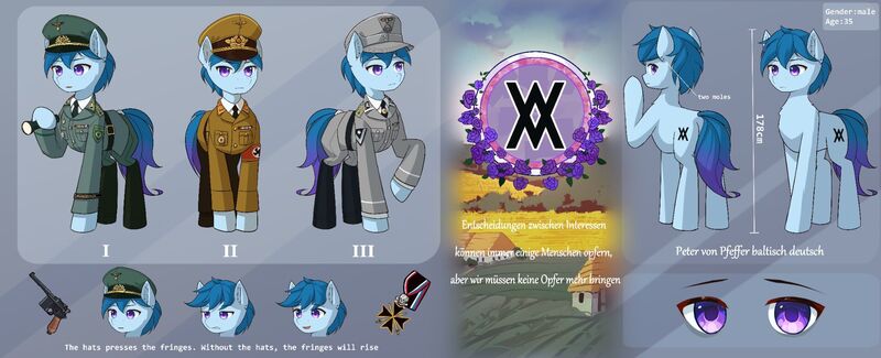 Size: 1920x781 | Tagged: safe, artist:emeraldgalaxy, derpibooru import, oc, oc:v.piper, earth pony, pony, clothes, gun, handgun, image, jpeg, medal, military uniform, nsdap, pistol, police, police uniform, purple eyes, solo, uniform, weapon