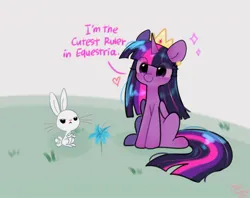 Size: 2048x1623 | Tagged: safe, artist:petaltwinkle, derpibooru import, angel bunny, twilight sparkle, twilight sparkle (alicorn), alicorn, pony, rabbit, animal, crossed arms, crown, cute, duo, female, flower, gray background, heart, image, jewelry, jpeg, male, mare, poison joke, regalia, signature, simple background, sitting, smiling, sparkles, text, twiabetes