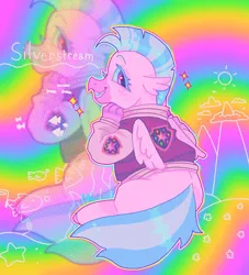 Size: 1440x1585 | Tagged: safe, artist:ariariari.png, derpibooru import, silverstream, hippogriff, clothes, female, image, jacket, jpeg, looking at you, rainbow background, scene interpretation, smiling, solo, varsity jacket