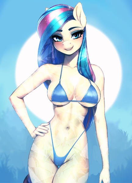 Size: 3300x4568 | Tagged: suggestive, artist:therocknrollmartian, derpibooru import, bonna fide, glamour gleam, anthro, crystal pony, bikini, breasts, cameltoe, clothes, commission, commissioner:reversalmushroom, female, image, png, solo, solo female, swimsuit