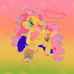 Size: 1440x1440 | Tagged: safe, artist:ariariari.png, derpibooru import, fluttershy, pegasus, pony, alternate cutie mark, clothes, fangs, flower, flower in hair, gradient background, image, jpeg, leg warmers, redesign, solo