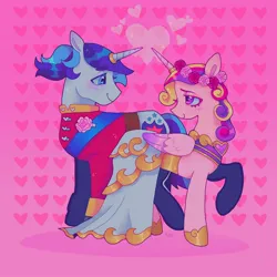 Size: 1440x1440 | Tagged: safe, artist:ariariari.png, derpibooru import, princess cadance, shining armor, alicorn, pony, unicorn, blushing, clothes, dress, duo, female, heart, heart eyes, horn, horn ring, image, jewelry, jpeg, looking at each other, looking at someone, male, ring, shiningcadance, shipping, straight, wedding dress, wedding ring, wedding suit, wingding eyes
