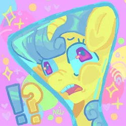 Size: 1000x1000 | Tagged: safe, artist:ariariari.png, derpibooru import, lemon hearts, pony, unicorn, exclamation point, flask, flaskhead hearts, image, interrobang, jpeg, question mark, solo, squished