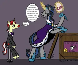 Size: 1305x1084 | Tagged: safe, artist:razzy, derpibooru import, flam, king sombra, pony, unicorn, clothes, coffee, couple, facial hair, gay couple, good king sombra, height difference, image, jewelry, magic, magic aura, male, mirror universe, moustache, png, regalia, silly, stallion, talking