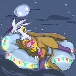 Size: 1000x1000 | Tagged: safe, artist:arnachy, gilda, pinkie pie, gryphon, christmas, christmas lights, clothes, cloud, hat, holiday, hugging a plushie, image, in the sky, moon, night, on a cloud, plushie, png, present, santa claus, sleeping, sleeping on a cloud, snow, socks, solo focus