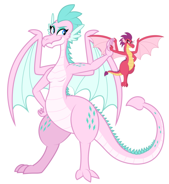 Size: 1280x1391 | Tagged: safe, artist:aleximusprime, derpibooru import, oc, oc:barb the dragon, oc:queen chara, unofficial characters only, dragon, flurry heart's story, breasts, dragon oc, dragoness, duo, duo female, female, flying, high five, image, lizard breasts, looking at each other, looking at someone, mother and child, mother and daughter, mother's day, non-pony oc, png, simple background, size difference, spike's family, spike's mother, spike's sister, spikes, spread wings, transparent background, wide hips, wings