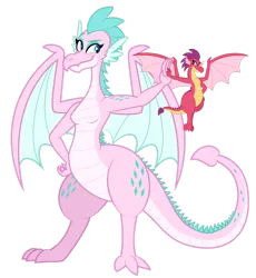 Size: 1280x1391 | Tagged: safe, artist:aleximusprime, derpibooru import, oc, oc:barb the dragon, oc:queen chara, unofficial characters only, dragon, flurry heart's story, breasts, dragon oc, dragoness, duo, duo female, female, flying, high five, image, lizard breasts, looking at each other, looking at someone, mother and child, mother and daughter, mother's day, non-pony oc, png, simple background, size difference, spike's family, spike's mother, spike's sister, spikes, spread wings, transparent background, wide hips, wings
