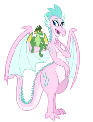 Size: 1280x1664 | Tagged: safe, artist:aleximusprime, derpibooru import, oc, oc:queen chara, oc:scorch the dragon, unofficial characters only, dragon, flurry heart's story, breasts, dragon oc, dragoness, duo, duo male and female, female, image, lizard breasts, looking at each other, looking at someone, male, mother and child, mother and son, mother's day, non-pony oc, open mouth, png, simple background, sitting on wing, size difference, spike's brother, spike's family, spike's mother, spikes, spread wings, transparent background, wide hips, wings