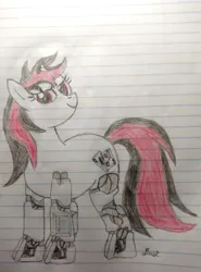Size: 2416x3264 | Tagged: safe, artist:dust, derpibooru import, oc, oc:blackjack, cyborg, pony, unicorn, fallout equestria, fallout equestria: project horizons, colored, colored pencil drawing, cyber eyes, cyber legs, derpibooru exclusive, fanfic art, female, horn, image, jpeg, lined paper, pencil drawing, small horn, smiling, solo, traditional art