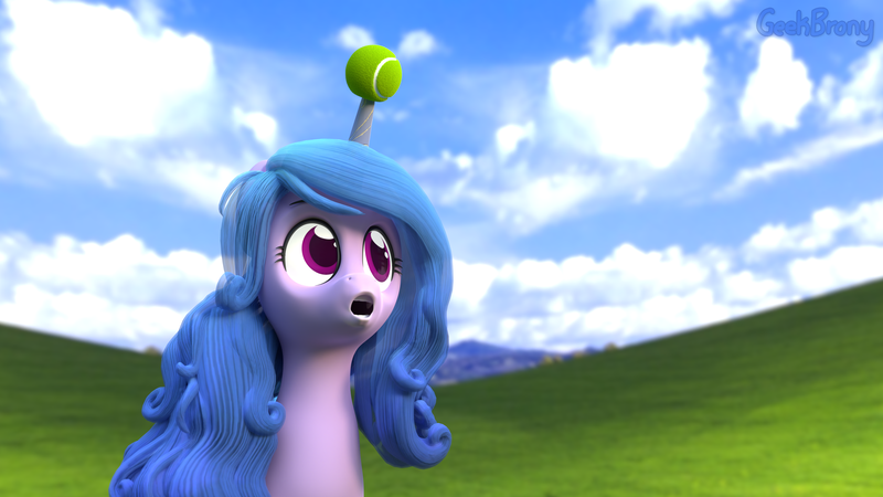 Size: 3840x2160 | Tagged: safe, artist:geekbrony, derpibooru import, izzy moonbow, pony, unicorn, g5, 3d, ball, blender, bliss xp, cute, image, izzy's tennis ball, microsoft windows, png, poggers, solo, tennis ball, wallpaper, windows, windows xp